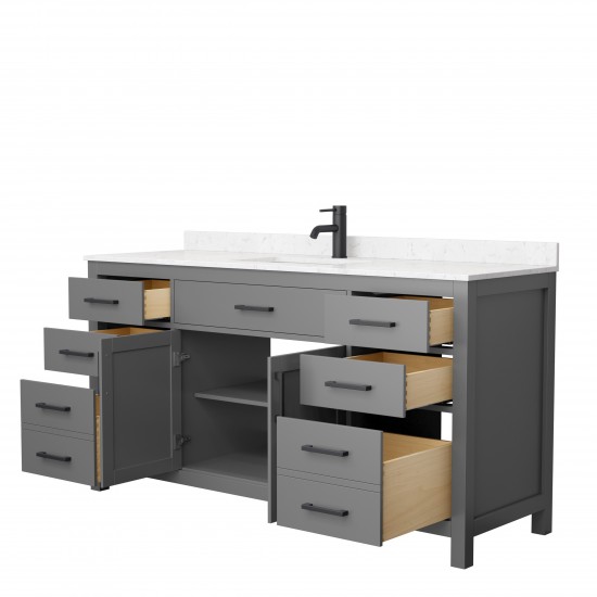 66 Inch Single Bathroom Vanity in Dark Gray, Carrara Cultured Marble Countertop, Sink, Black Trim