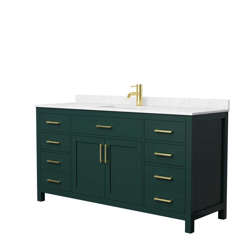 66 Inch Single Bathroom Vanity in Green, Carrara Cultured Marble Countertop, Sink, Gold Trim