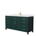 66 Inch Single Bathroom Vanity in Green, White Cultured Marble Countertop, Sink, Gold Trim