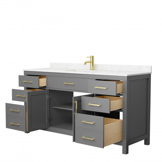 66 Inch Single Bathroom Vanity in Dark Gray, Carrara Cultured Marble Countertop, Sink, Gold Trim