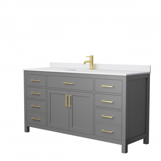 66 Inch Single Bathroom Vanity in Dark Gray, White Cultured Marble Countertop, Sink, Gold Trim