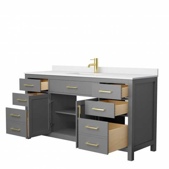 66 Inch Single Bathroom Vanity in Dark Gray, White Cultured Marble Countertop, Sink, Gold Trim