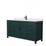 66 Inch Single Bathroom Vanity in Green, White Cultured Marble Countertop, Sink, Black Trim