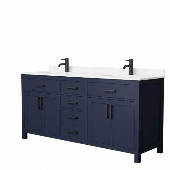 72 Inch Double Bathroom Vanity in Dark Blue, Carrara Cultured Marble Countertop, Sinks, Black Trim