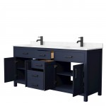 72 Inch Double Bathroom Vanity in Dark Blue, Carrara Cultured Marble Countertop, Sinks, Black Trim