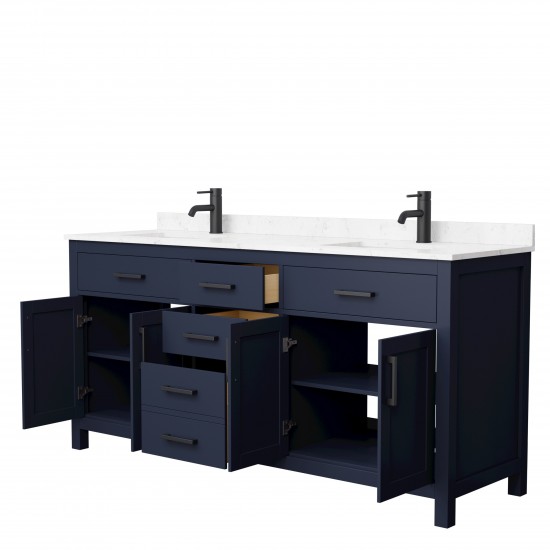 72 Inch Double Bathroom Vanity in Dark Blue, Carrara Cultured Marble Countertop, Sinks, Black Trim