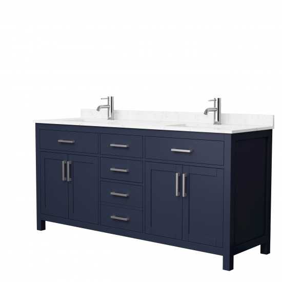 72 Inch Double Bathroom Vanity in Dark Blue, Carrara Cultured Marble Countertop, Sinks, Nickel Trim