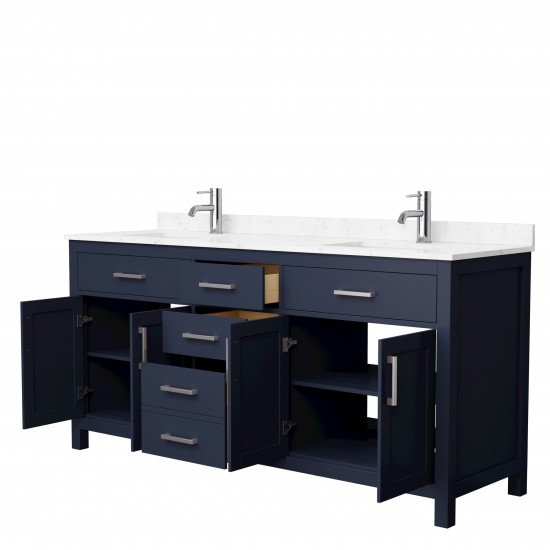 72 Inch Double Bathroom Vanity in Dark Blue, Carrara Cultured Marble Countertop, Sinks, Nickel Trim