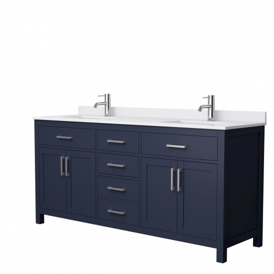 72 Inch Double Bathroom Vanity in Dark Blue, White Cultured Marble Countertop, Sinks, Nickel Trim