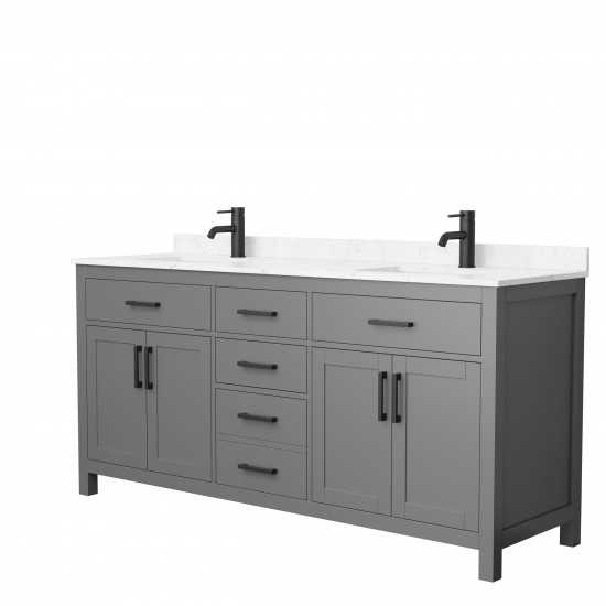 72 Inch Double Bathroom Vanity in Dark Gray, Carrara Cultured Marble Countertop, Sinks, Black Trim