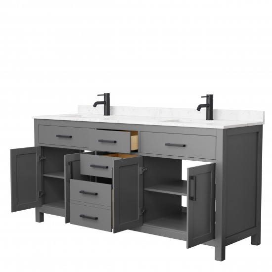 72 Inch Double Bathroom Vanity in Dark Gray, Carrara Cultured Marble Countertop, Sinks, Black Trim