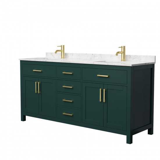 72 Inch Double Bathroom Vanity in Green, Carrara Cultured Marble Countertop, Sinks, Gold Trim