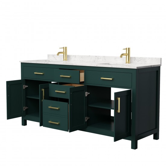 72 Inch Double Bathroom Vanity in Green, Carrara Cultured Marble Countertop, Sinks, Gold Trim