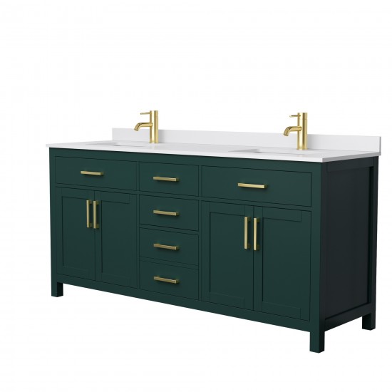 72 Inch Double Bathroom Vanity in Green, White Cultured Marble Countertop, Sinks, Gold Trim