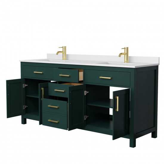 72 Inch Double Bathroom Vanity in Green, White Cultured Marble Countertop, Sinks, Gold Trim