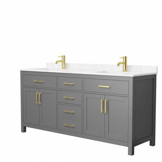 72 Inch Double Bathroom Vanity in Dark Gray, Carrara Cultured Marble Countertop, Sinks, Gold Trim