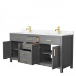 72 Inch Double Bathroom Vanity in Dark Gray, Carrara Cultured Marble Countertop, Sinks, Gold Trim