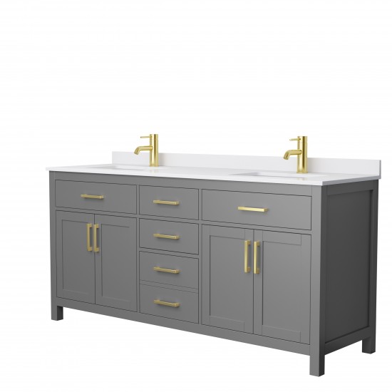 72 Inch Double Bathroom Vanity in Dark Gray, White Cultured Marble Countertop, Sinks, Gold Trim