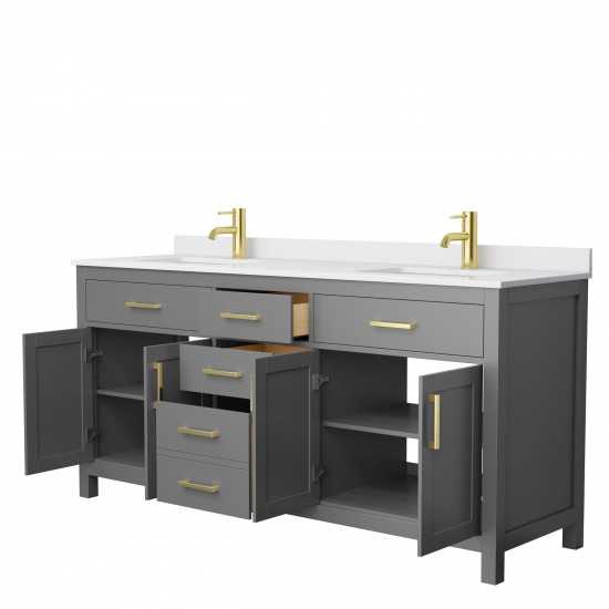 72 Inch Double Bathroom Vanity in Dark Gray, White Cultured Marble Countertop, Sinks, Gold Trim