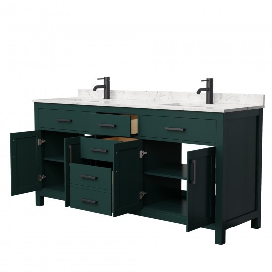 72 Inch Double Bathroom Vanity in Green, Carrara Cultured Marble Countertop, Sinks, Black Trim