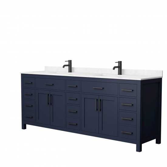 84 Inch Double Bathroom Vanity in Dark Blue, Carrara Cultured Marble Countertop, Sinks, Black Trim