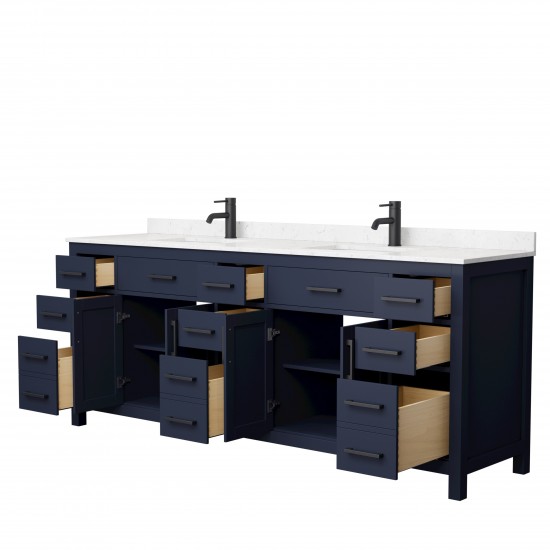 84 Inch Double Bathroom Vanity in Dark Blue, Carrara Cultured Marble Countertop, Sinks, Black Trim