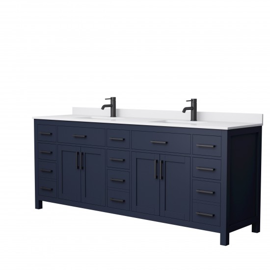 84 Inch Double Bathroom Vanity in Dark Blue, White Cultured Marble Countertop, Sinks, Black Trim