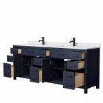 84 Inch Double Bathroom Vanity in Dark Blue, White Cultured Marble Countertop, Sinks, Black Trim