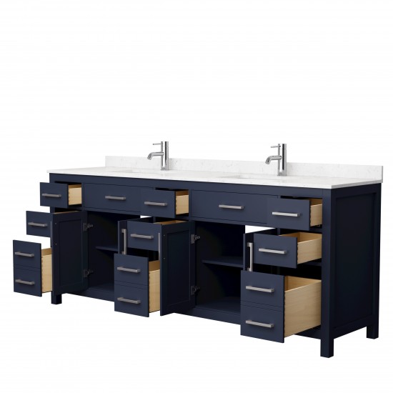 84 Inch Double Bathroom Vanity in Dark Blue, Carrara Cultured Marble Countertop, Sinks, Nickel Trim