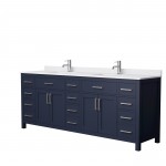 84 Inch Double Bathroom Vanity in Dark Blue, White Cultured Marble Countertop, Sinks, Nickel Trim