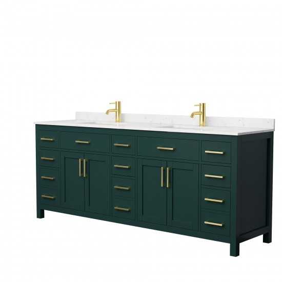 84 Inch Double Bathroom Vanity in Green, Carrara Cultured Marble Countertop, Sinks, Gold Trim