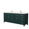 84 Inch Double Bathroom Vanity in Green, Carrara Cultured Marble Countertop, Sinks, Gold Trim