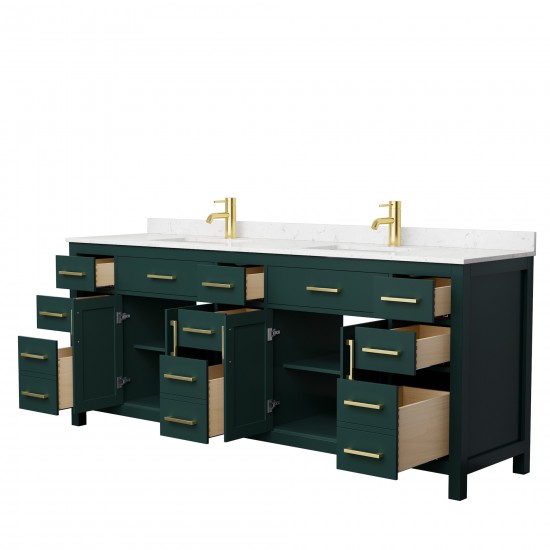 84 Inch Double Bathroom Vanity in Green, Carrara Cultured Marble Countertop, Sinks, Gold Trim