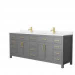 84 Inch Double Bathroom Vanity in Dark Gray, Carrara Cultured Marble Countertop, Sinks, Gold Trim