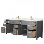 84 Inch Double Bathroom Vanity in Dark Gray, Carrara Cultured Marble Countertop, Sinks, Gold Trim