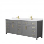 84 Inch Double Bathroom Vanity in Dark Gray, White Cultured Marble Countertop, Sinks, Gold Trim