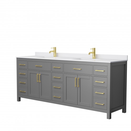 84 Inch Double Bathroom Vanity in Dark Gray, White Cultured Marble Countertop, Sinks, Gold Trim