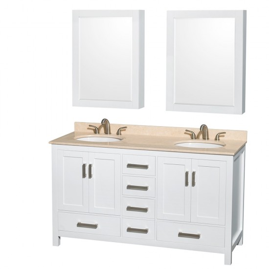Sheffield 60 Inch Double Bathroom Vanity in White, Ivory Marble Countertop, Undermount Oval Sinks, and Medicine Cabinets