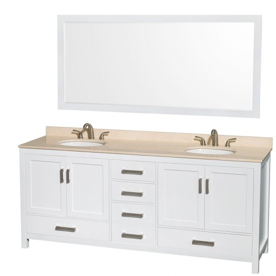 Sheffield 80 Inch Double Bathroom Vanity in White, Ivory Marble Countertop, Undermount Oval Sinks, and 70 Inch Mirror