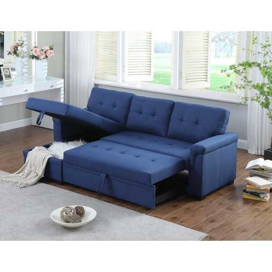 Lucca Blue Linen Reversible Sleeper Sectional Sofa with Storage Chaise