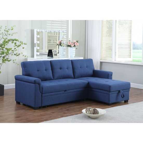 Lucca Blue Linen Reversible Sleeper Sectional Sofa with Storage Chaise