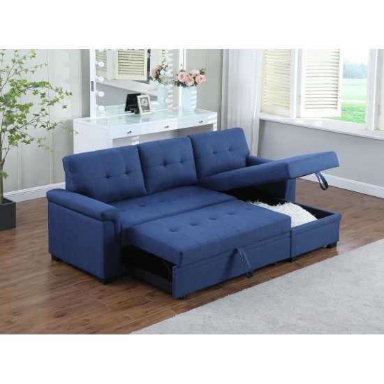 Lucca Blue Linen Reversible Sleeper Sectional Sofa with Storage Chaise