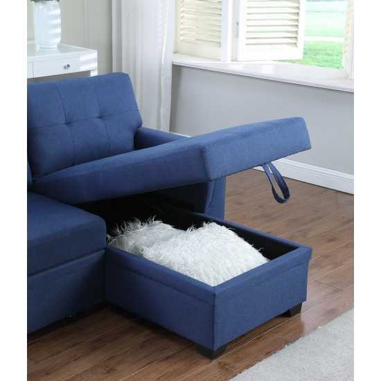 Lucca Blue Linen Reversible Sleeper Sectional Sofa with Storage Chaise