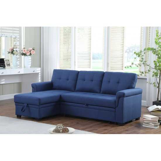 Lucca Blue Linen Reversible Sleeper Sectional Sofa with Storage Chaise