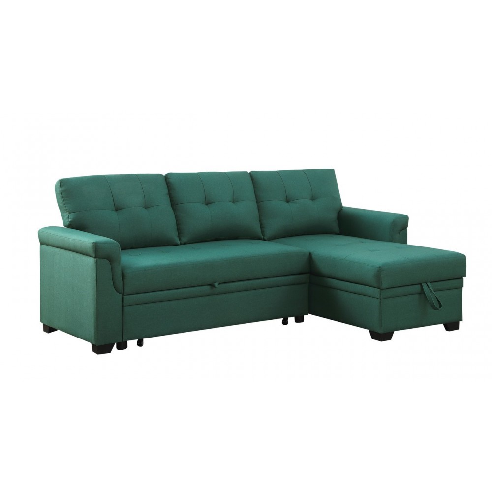 Lucca Green Linen Reversible Sleeper Sectional Sofa with Storage Chaise