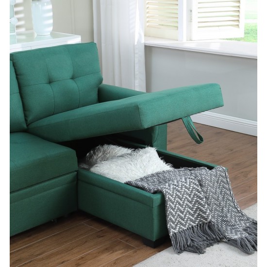 Lucca Green Linen Reversible Sleeper Sectional Sofa with Storage Chaise