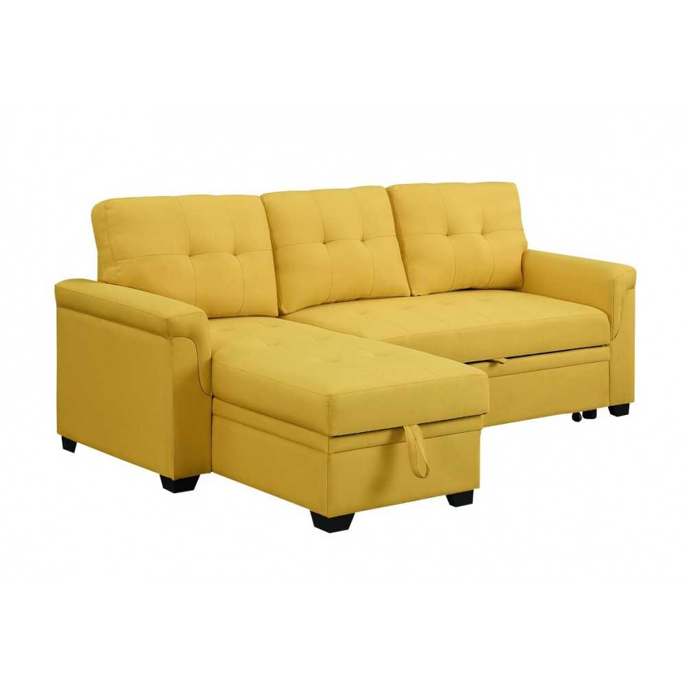 Lucca Yellow Linen Reversible Sleeper Sectional Sofa with Storage Chaise