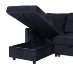 Ivy Black Velvet Reversible Sleeper Sectional Sofa with Storage Chaise and Side Pocket