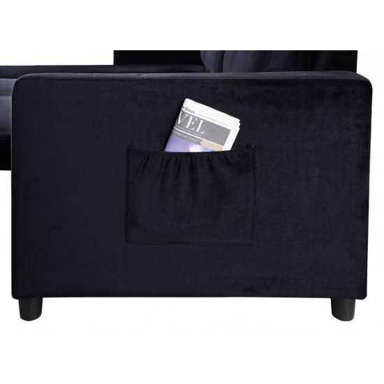 Ivy Black Velvet Reversible Sleeper Sectional Sofa with Storage Chaise and Side Pocket