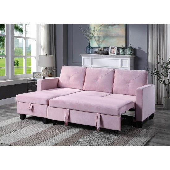 Nova Pink Velvet Reversible Sleeper Sectional Sofa with Storage Chaise